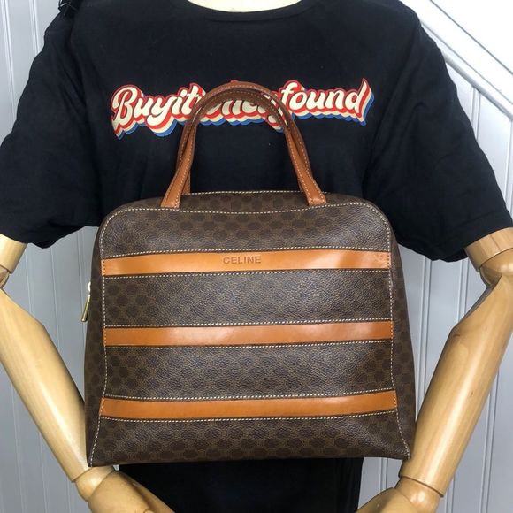 CELINE Macadam Blason Triumph Dark Brown Hand Bag Leather Stripes Authentic - Picture 1 of 17